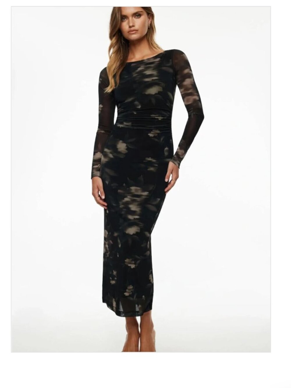 Dynamite Long Sleeve Black Floral Mesh Midi Slip Dress Sz Medium